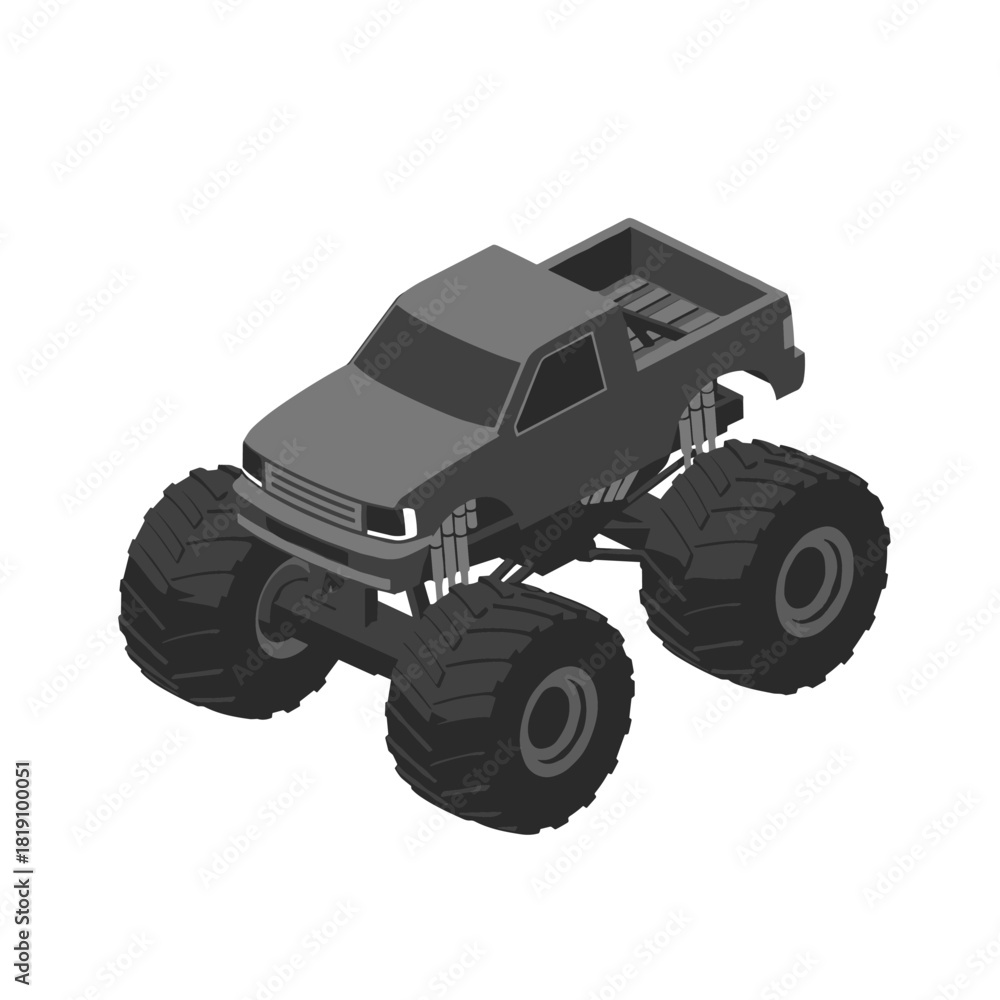 Obraz premium Monochromatic isometric monster truck with oversized tires on white background