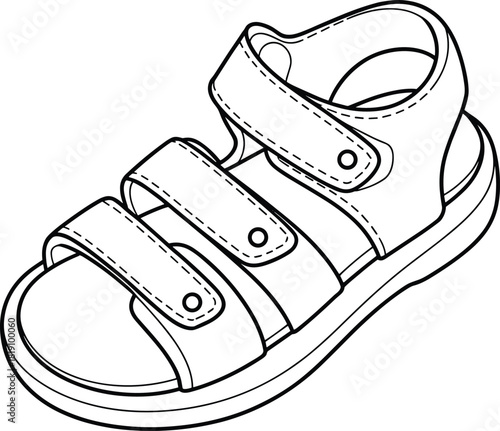 Kids velcro sandal footwear technical sketch, summer children shoe design template for manufacture, cad drawing flat vector illustration
