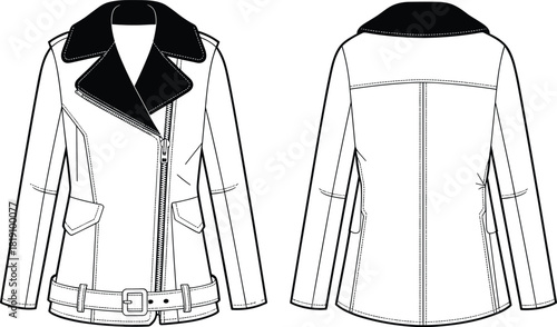 Women leather biker jacket front and back technical design with belt and lapel details, cad drawing flat vector illustration