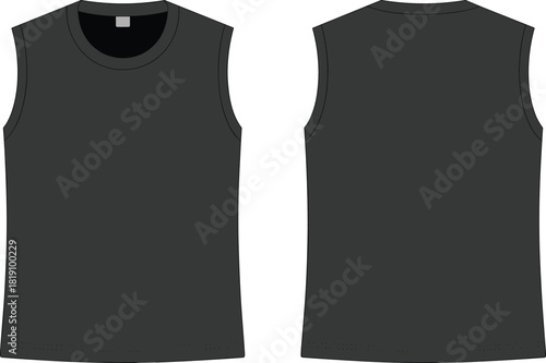 Black sleeveless tank top front and back template for fitness apparel design, cad drawing flat vector illustration mockup