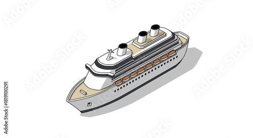 Isometric cruise ship on white background with detailed decks and chimneys