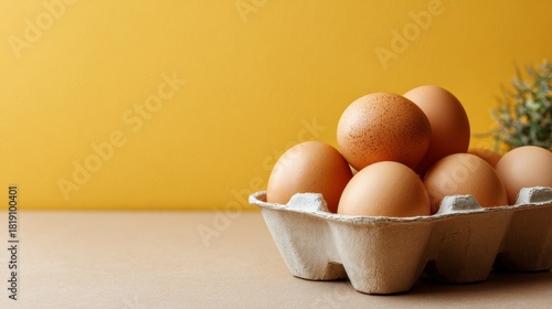 raw eggs in a carton box on bright yellow background with copy space