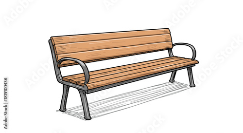 Hand drawn wooden park bench with metal frame sketch