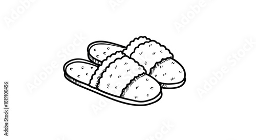 Cozy fluffy slippers sketch in black and white on white background