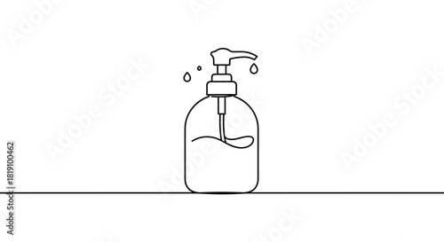 Minimalist line drawing of soap dispenser with droplets on white background
