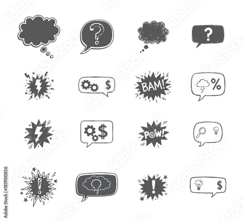 Doodle Business Communication Icons Vector Set. Idea, Finance, Question, and Comic Burst Symbols.