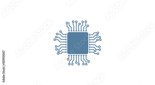 Minimalistic circuit board design with electronic chip in blue tones