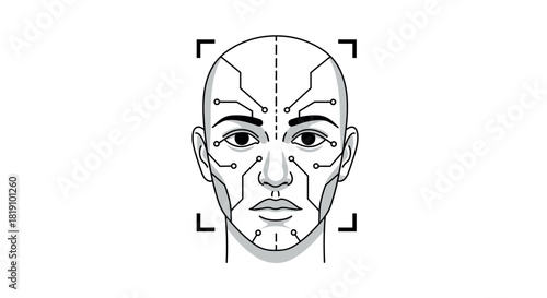 Ai facial recognition technology with circuit design on human face
