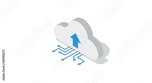 Cloud computing icon with up arrow and circuit design in isometric style