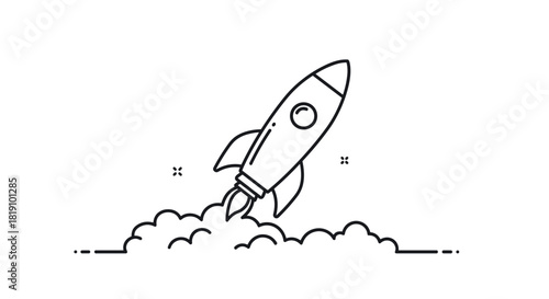 Minimalist linear rocket launch with cloud blastoff in black and white