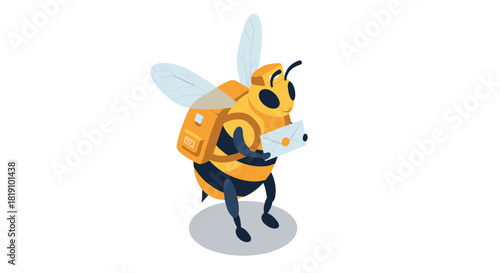 Adorable isometric bee mail deliverer with backpack and letter in hand