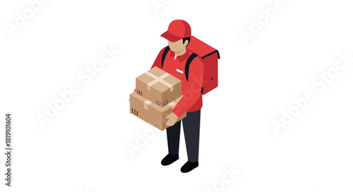 Isometric delivery person carrying boxes in red uniform with backpack