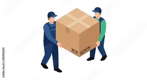 Isometric delivery workers carrying a large box together in uniforms