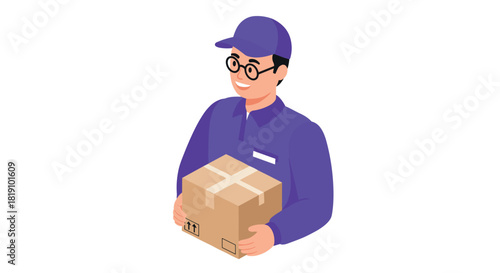 Courier delivering package in uniform with cap and glasses in isometric style