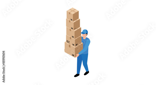 Delivery worker balancing tall stack of boxes in isometric style