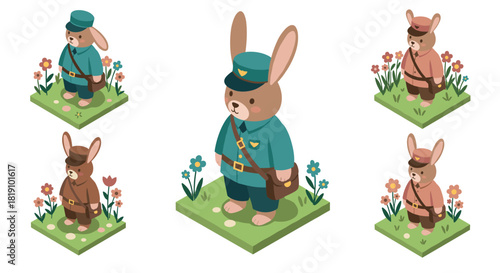 Charming isometric bunny mail carriers in flowerpatch uniforms