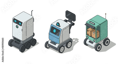 Isometric delivery robots with modern design for logistics automation