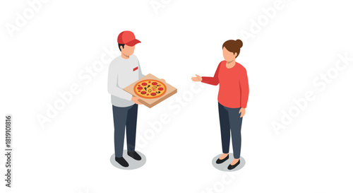 Isometric pizza delivery with people in casual attire