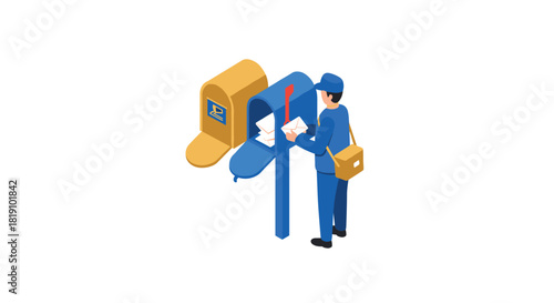 Postman delivering letters to mailbox in isometric design