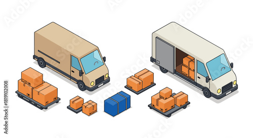 Isometric delivery vans with packages in diverse configurations for logistics and shipping