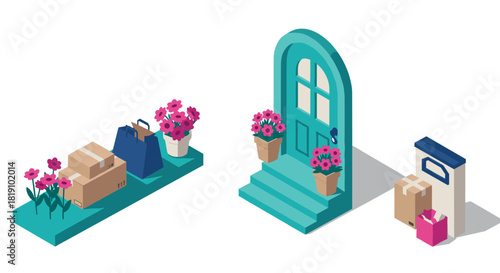 Isometric home delivery scene with parcels and flowers at doorstep
