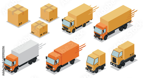 Isometric delivery trucks and boxes set for shipping and logistics design