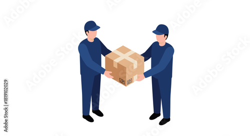 Two delivery workers passing a package in isometric style