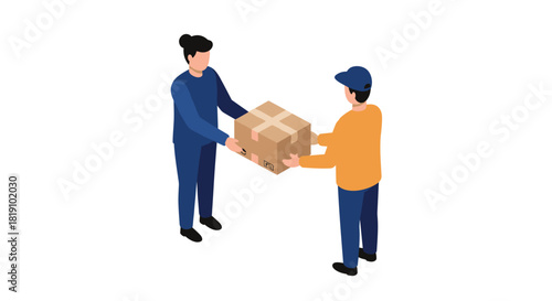 Isometric parcel delivery service with two people exchanging box