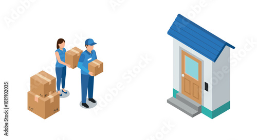 Isometric delivery concept with couriers carrying packages to house entrance