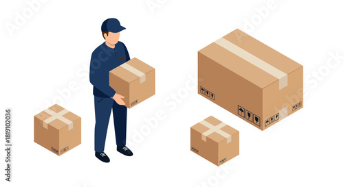Isometric deliveryman with cardboard boxes on white background for logistics concept