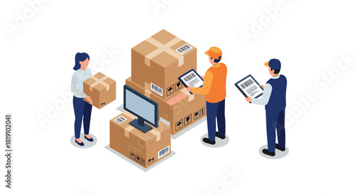 Warehouse team managing inventory with technology and barcodes