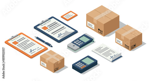 Isometric shipment and office items with digital devices in flat style