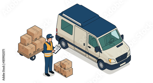 Delivery worker checking inventory near van with boxes in isometric style