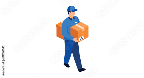 Isometric delivery man carrying package in blue uniform on white background