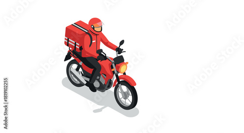 Isometric illustration of delivery rider on motorcycle with red uniform and helmet