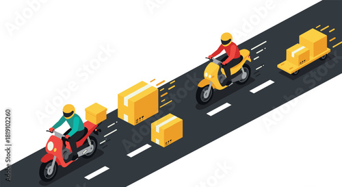 Isometric motorcycle delivery with couriers on urban roadway carrying package boxes