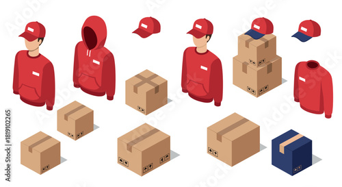 Isometric delivery set uniforms, caps, and cardboard boxes for shipping and logistics