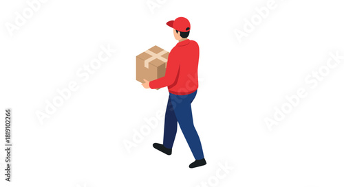 Delivery worker carrying parcel in isometric style for efficient shipping concept