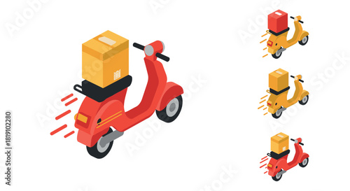 Isometric delivery scooters with packages in motion