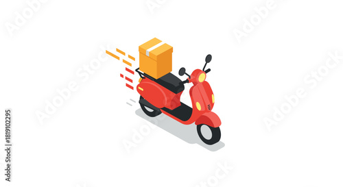 Isometric red scooter with delivery box on white background