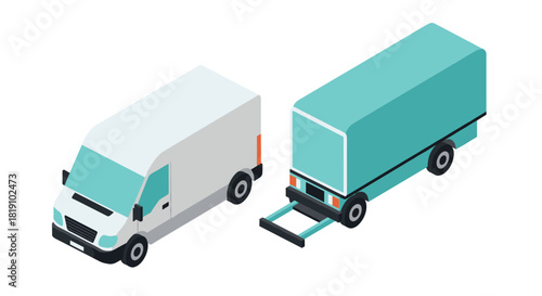 Isometric delivery cargo van and semi truck trailer on white background