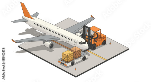 Isometric airplane cargo loading with forklift and cart on runway
