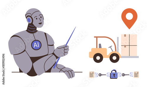 AI robot presenting logistics automation featuring forklift carrying packages, blockchain security, and a location marker. Ideal for supply chain, logistics, technology, AI, automation, innovation