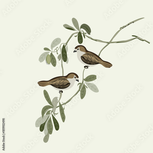 Wild illustration with trees, birds and leaves. Background with sparrows. Vector illustration. Beige background. Wallpaper and card. Print, invitation, textile, paper