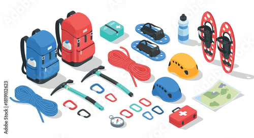 Essential isometric mountaineering gear set for safe adventure planning