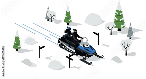 Isometric winter scene with snowmobile, trees, and snowy landscape