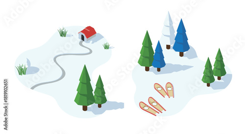 Winter forest scene with snowshoes and red cabin in isometric style