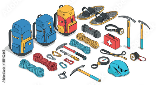 Isometric outdoor adventure equipment with backpacks, climbing gear, and snowshoes for hiking and camping