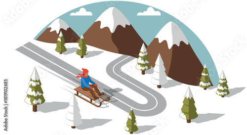 Winter adventure isometric sledding in a scenic snowy mountain landscape