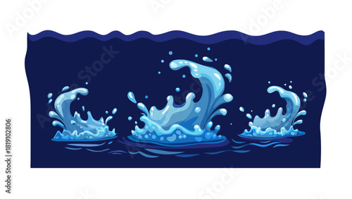Vector water splashes set. Water waves in cartoon style isolated on dark blue background. Decorative elements for your design. vector icon
